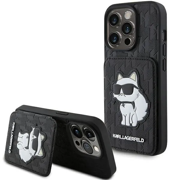Custodia per Apple iPhone 15 Pro Max, Karl Lagerfeld, Saffiano Cardslots and Stand Monogram Choupette, Nera - immagine 1