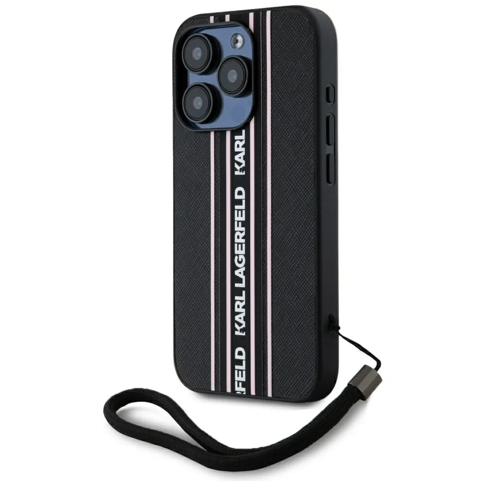 Custodia per Apple iPhone 15 Pro Max, Karl Lagerfeld, Saffiano Athleisure Stripes with Strap, Rosa - immagine 1