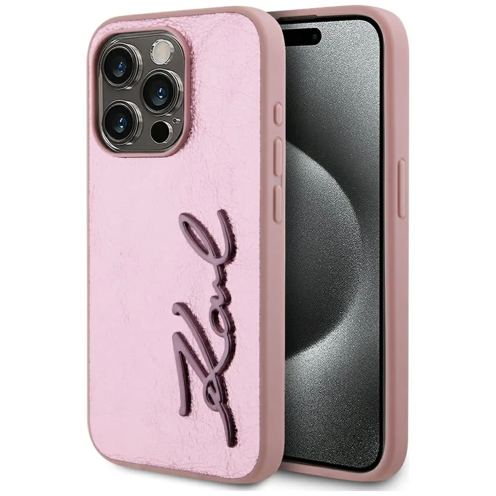 Custodia per Apple iPhone 15 Pro Max, Karl Lagerfeld, Metal Signature, Rosa - immagine 1