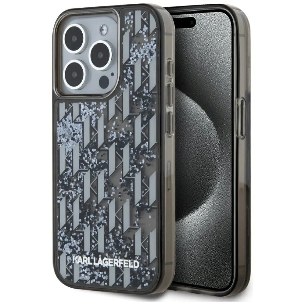 Custodia per Apple iPhone 15 Pro Max, Karl Lagerfeld, Liquid Glitter Monogram, Nera - immagine 1