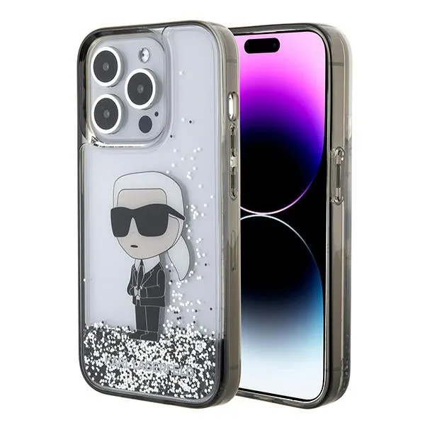 Custodia per Apple iPhone 15 Pro Max, Karl Lagerfeld, Liquid Glitter Ikonik Karl, Trasparente - immagine 1