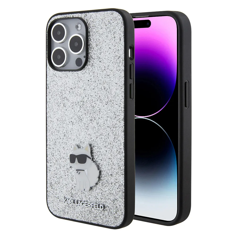 Custodia per Apple iPhone 15 Pro Max, Karl Lagerfeld, Glitter Fixed Choupette Logo, Argento - immagine 1
