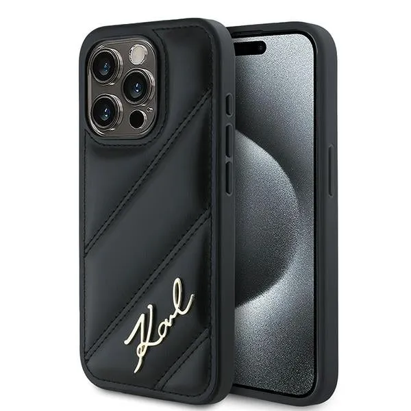 Custodia per Apple iPhone 15 Pro Max, Karl Lagerfeld, Diagonal Quilted Script, Nera - immagine 1