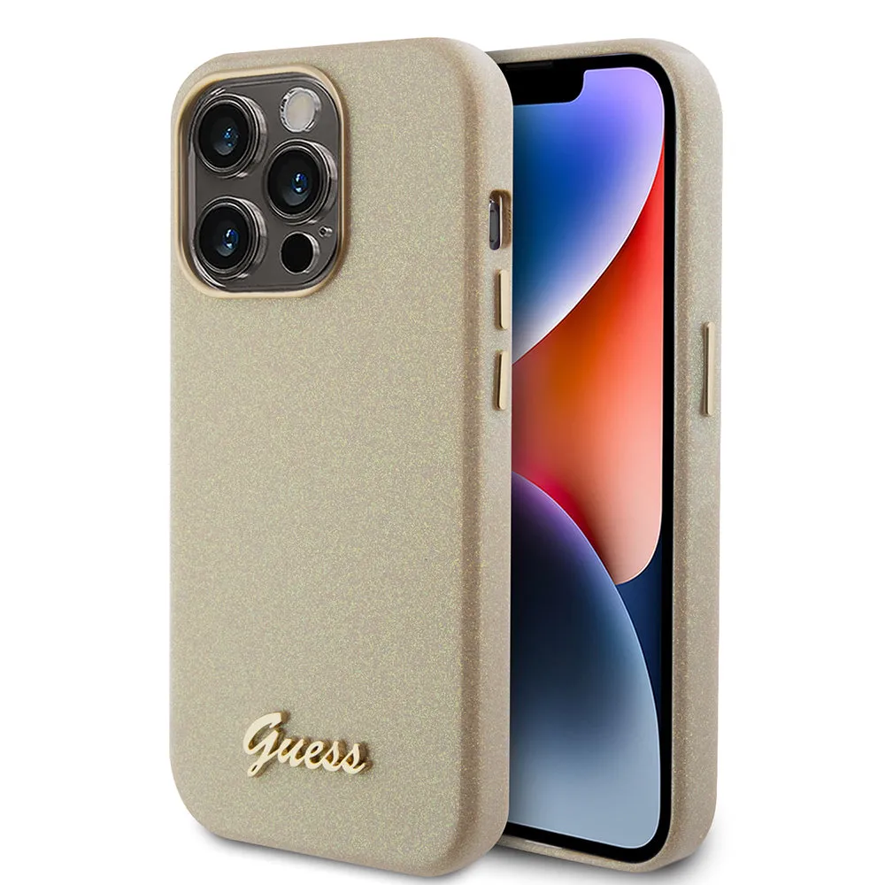 Custodia per Apple iPhone 15 Pro Max, Guess, Glitter Glossy Script, Beige - immagine 1