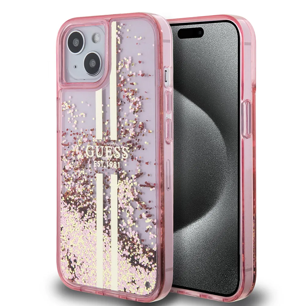 Custodia per Apple iPhone 15 Plus, Guess, Liquid Glitter Gold Stripes, Rosa - immagine 1