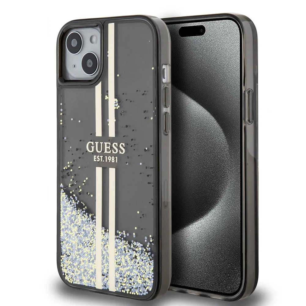 Custodia per Apple iPhone 15 Plus, Guess, Liquid Glitter Gold Stripes, Nera - immagine 1