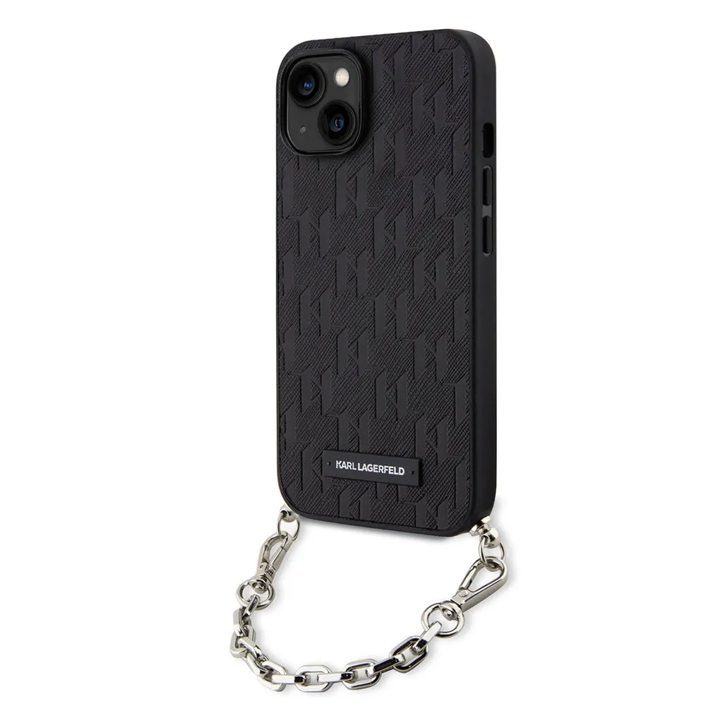 Custodia per Apple iPhone 14, Karl Lagerfeld, Saffiano Monogram Chain, Nera - immagine 1