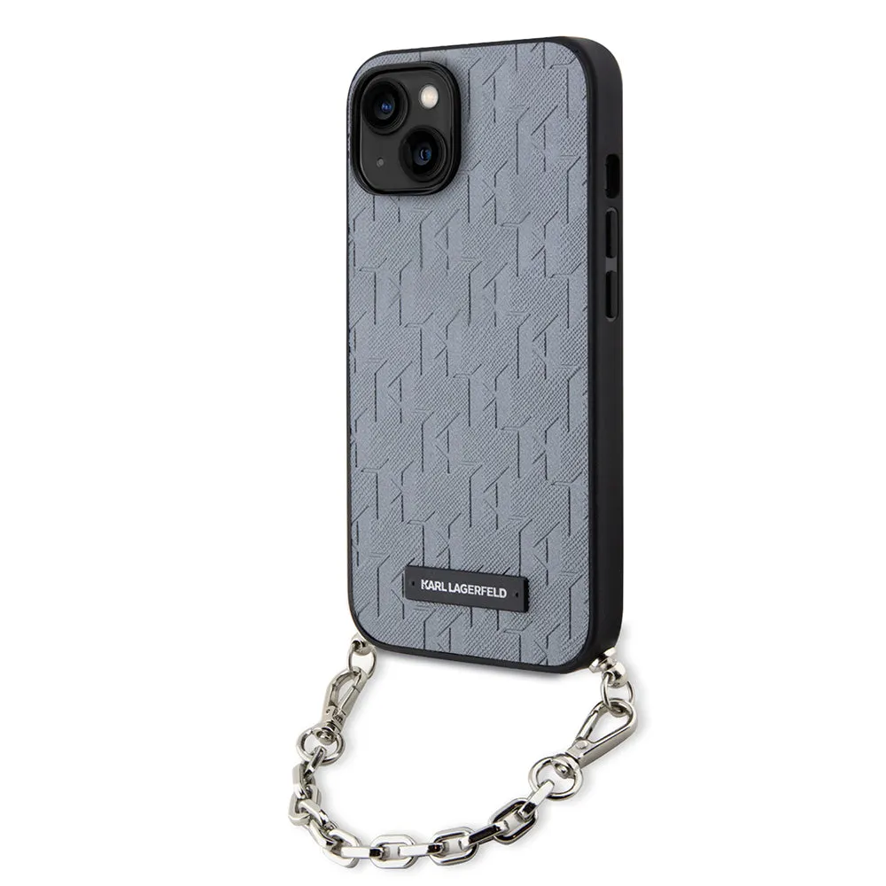 Custodia per Apple iPhone 14, Karl Lagerfeld, Saffiano Monogram Chain, Argento - immagine 1