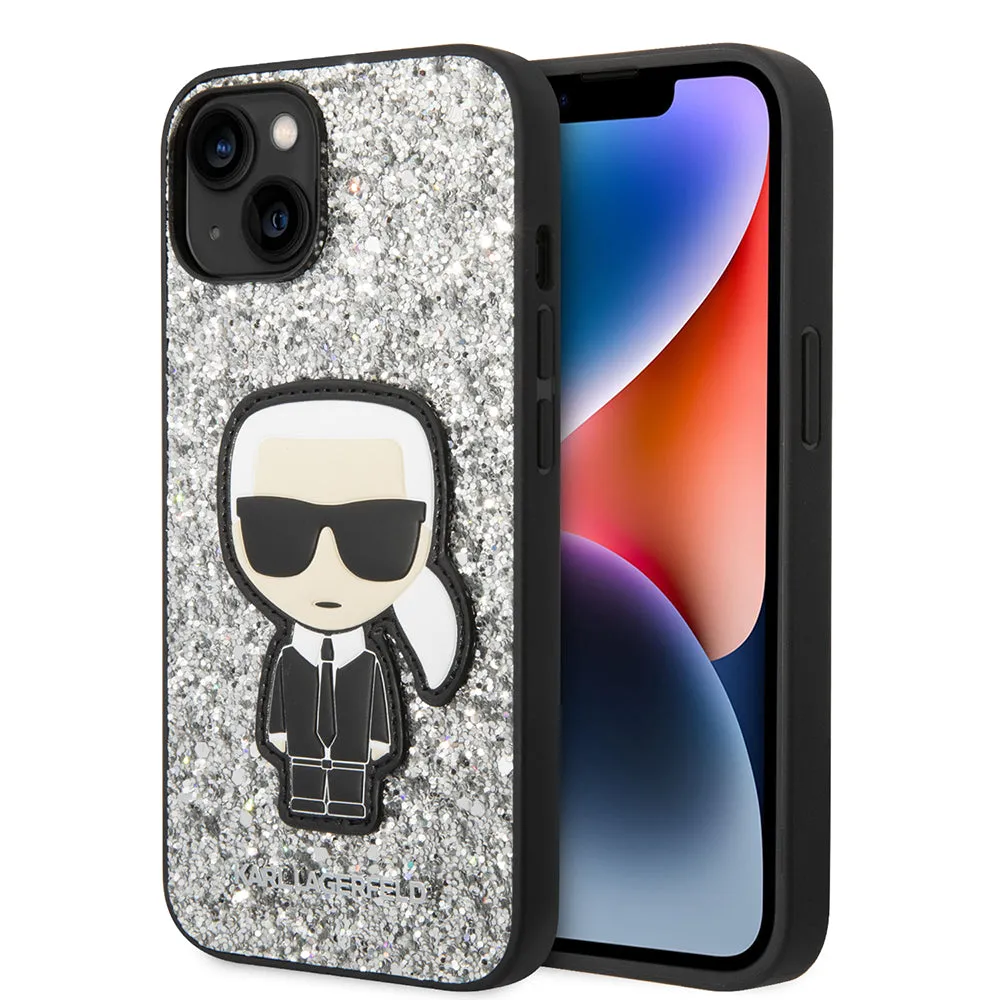 Custodia per Apple iPhone 14, Karl Lagerfeld, Glitter Flakes Ikonik Karl, Argento - immagine 1