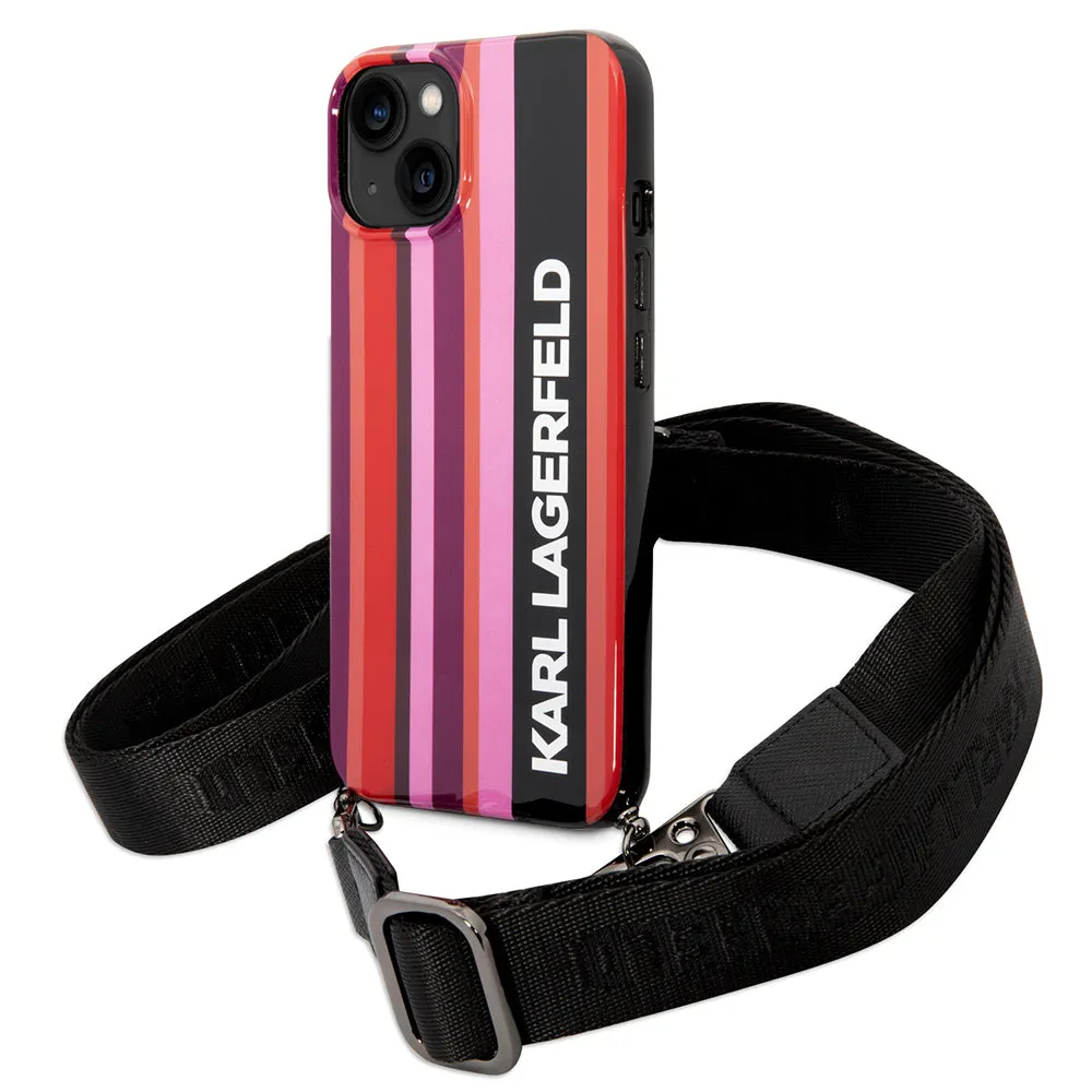 Custodia per Apple iPhone 14, Karl Lagerfeld, Color Stripes with Strap, Rosa - immagine 1