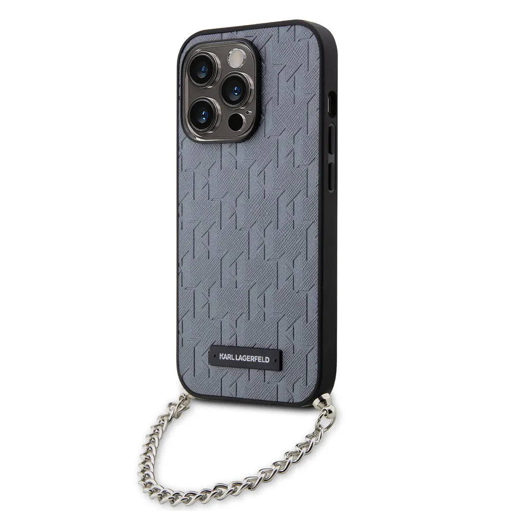 Custodia per Apple iPhone 14 Pro, Karl Lagerfeld, Saffiano Monogram Chain, Argento - immagine 1