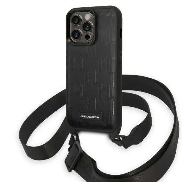 Custodia per Apple iPhone 14 Pro, Karl Lagerfeld, Monogram Plaque Logo con Cinturino, Nera - immagine 1