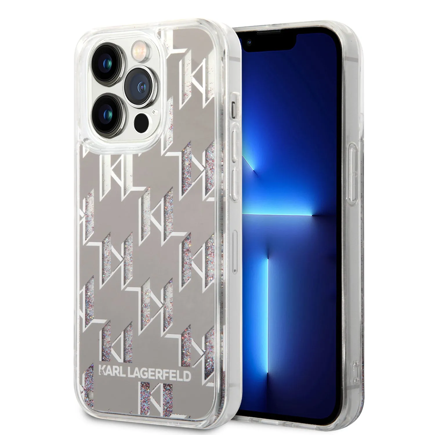 Custodia per Apple iPhone 14 Pro, Karl Lagerfeld, Liquid Glitter Monogram, Argento - immagine 1