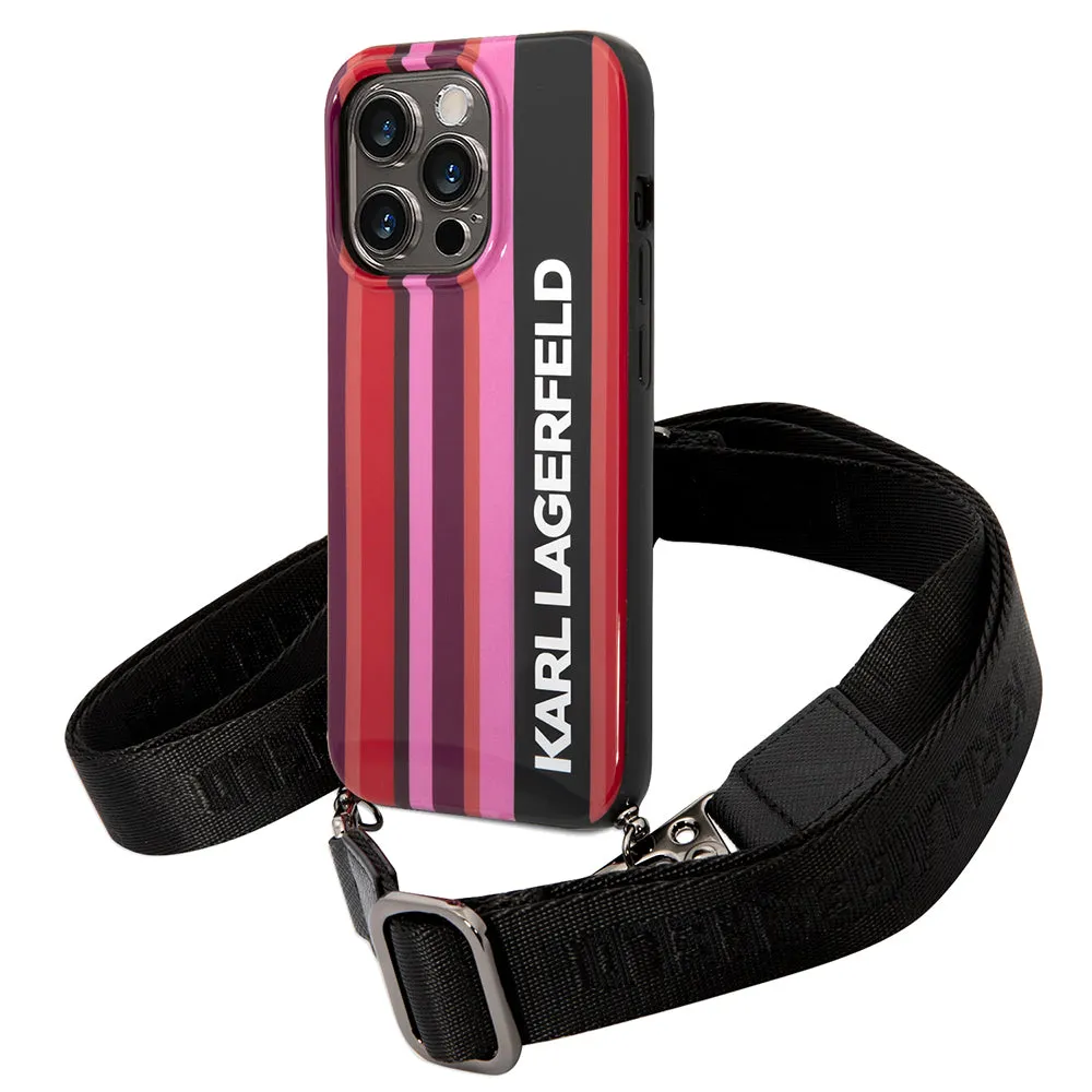 Custodia per Apple iPhone 14 Pro, Karl Lagerfeld, Color Stripes with Strap, Rosa - immagine 1