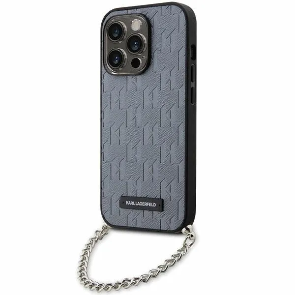 Custodia per Apple iPhone 14 Pro Max, Karl Lagerfeld, Saffiano Monogram Chain, Argento - immagine 1