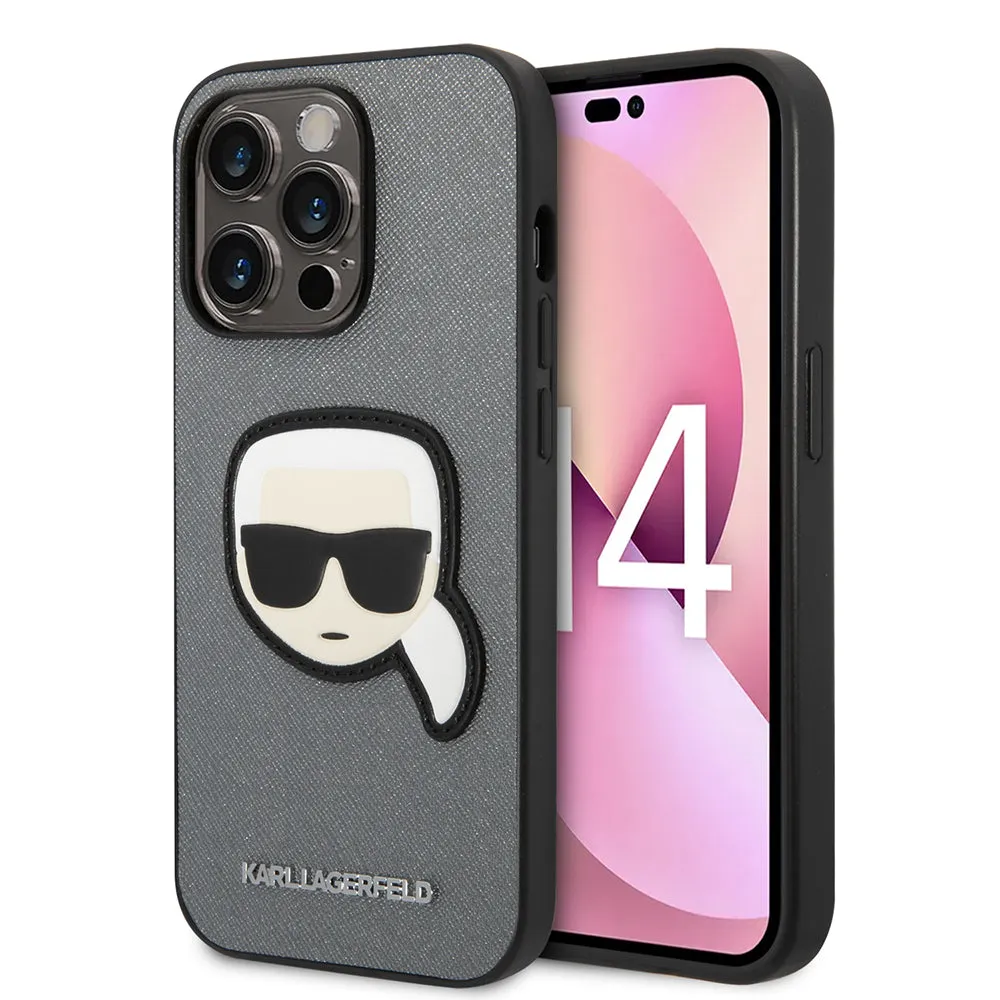 Custodia per Apple iPhone 14 Pro Max, Karl Lagerfeld, Saffiano Karl's Head, Argento - immagine 1