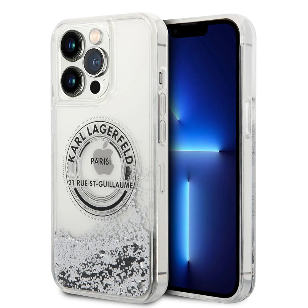 Custodia per Apple iPhone 14 Pro Max, Karl Lagerfeld, Liquid Glitter RSG, Argento - immagine 1