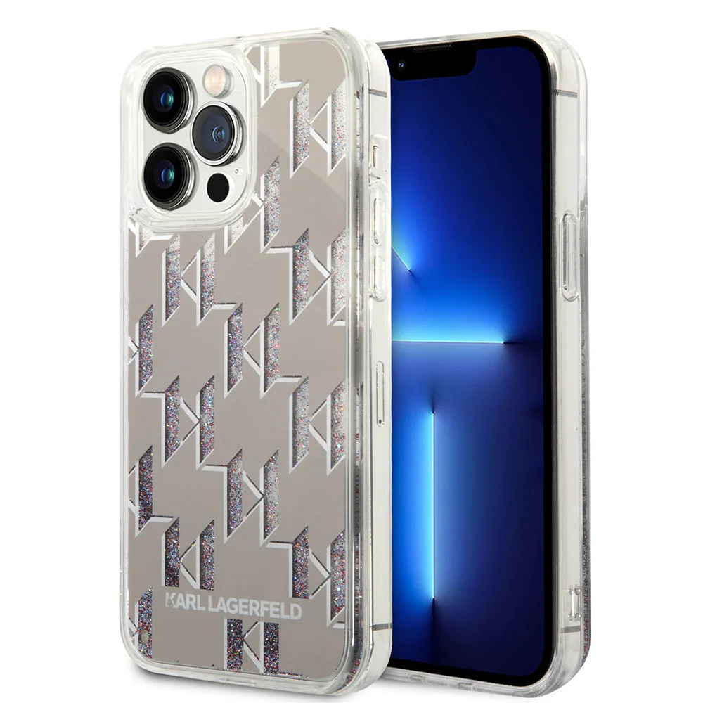 Custodia per Apple iPhone 14 Pro Max, Karl Lagerfeld, Liquid Glitter Monogram, Argento - immagine 1