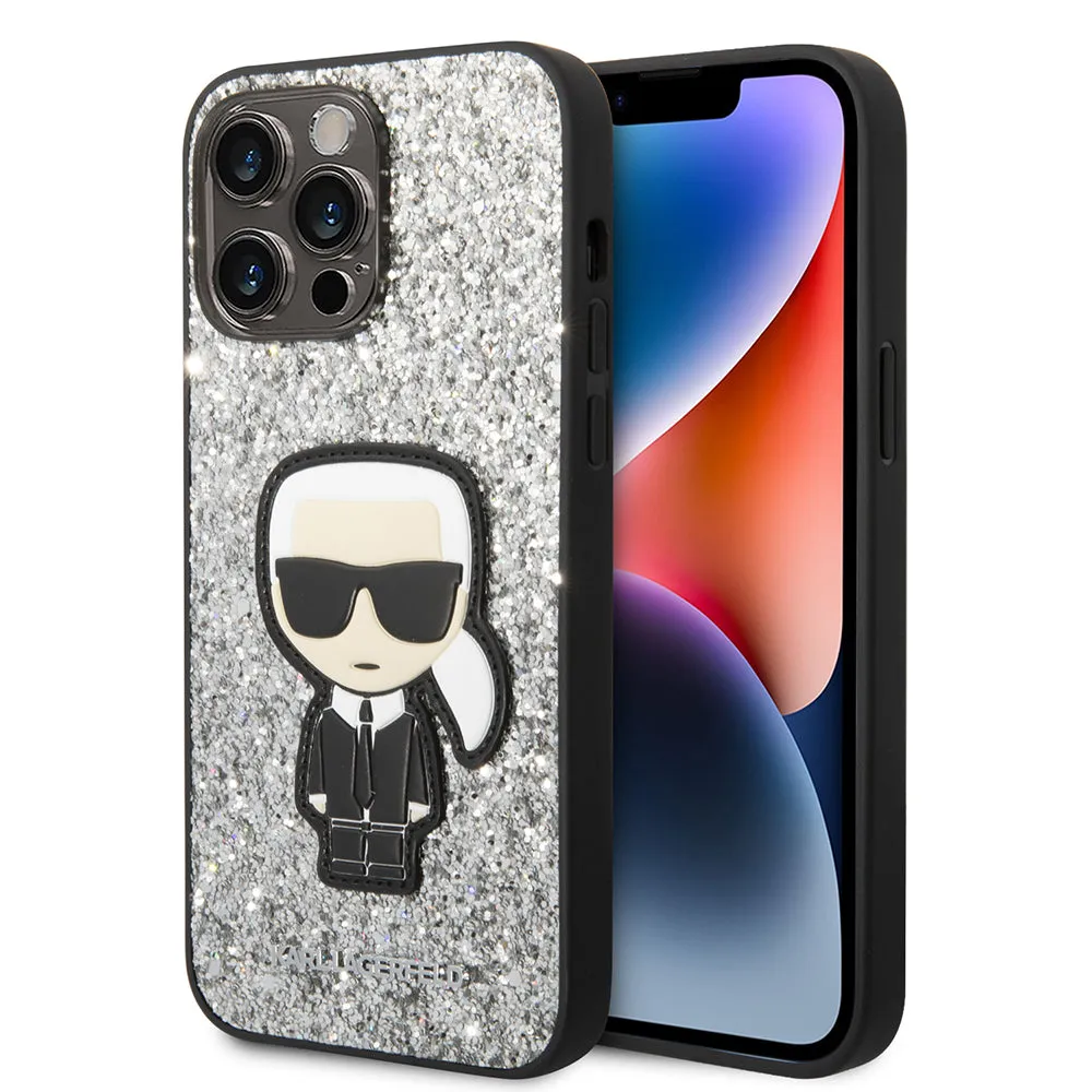 Custodia per Apple iPhone 14 Pro Max, Karl Lagerfeld, Glitter Flakes Ikonik Karl, Argento - immagine 1