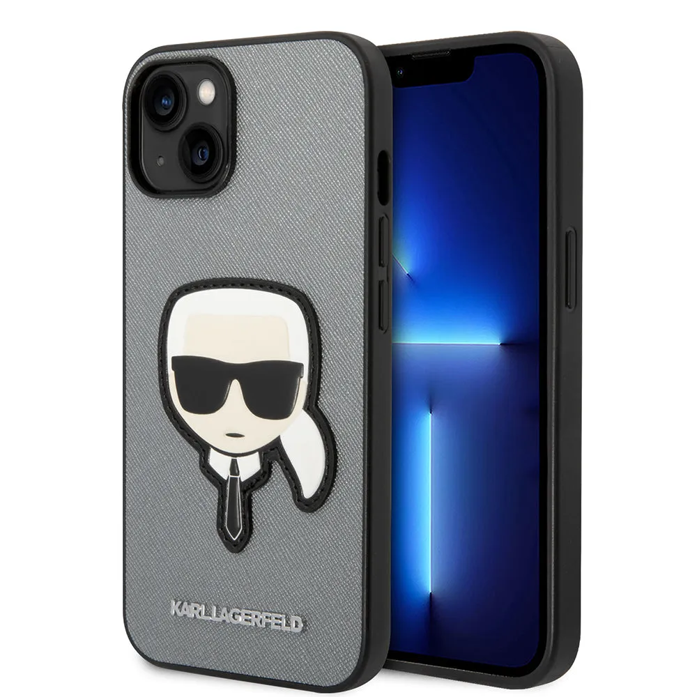 Custodia per Apple iPhone 14 Plus, Karl Lagerfeld, Saffiano Karl's Head, Argento - immagine 1