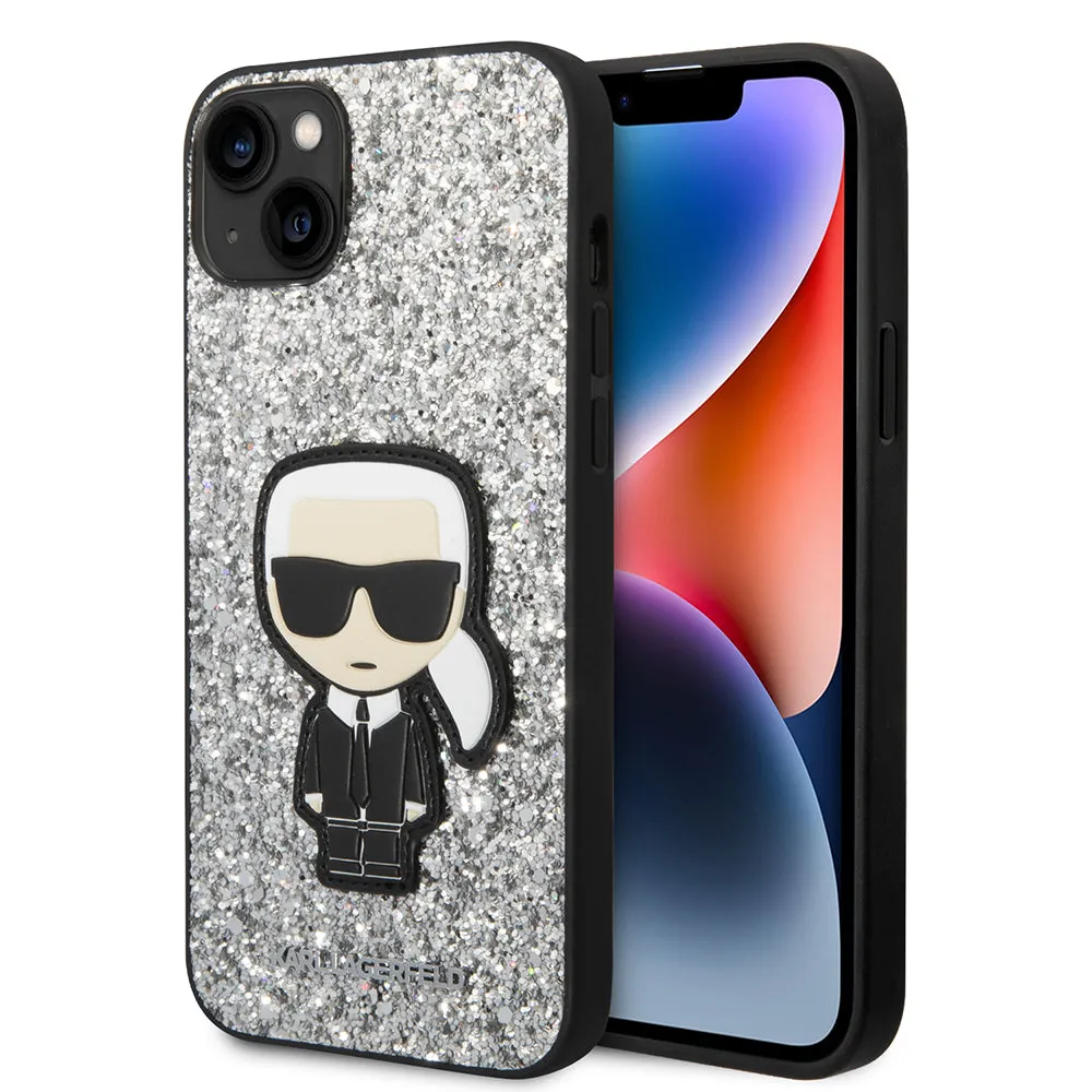Custodia per Apple iPhone 14 Plus, Karl Lagerfeld, Glitter Flakes Ikonik Karl, Argento - immagine 1