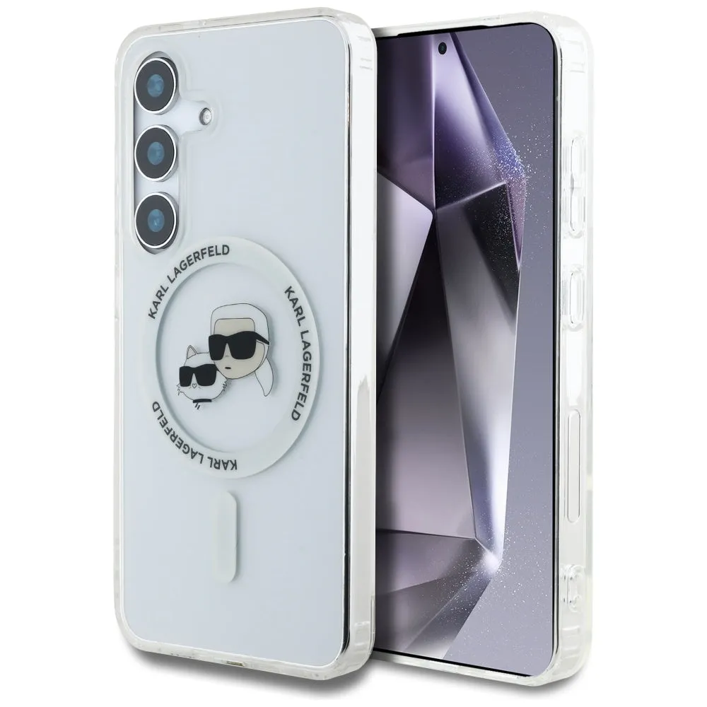 Custodia MagSafe per Samsung Galaxy S25+ S936, Karl Lagerfeld, IML Metal Karl & Choupette's Heads, Argento - immagine 1