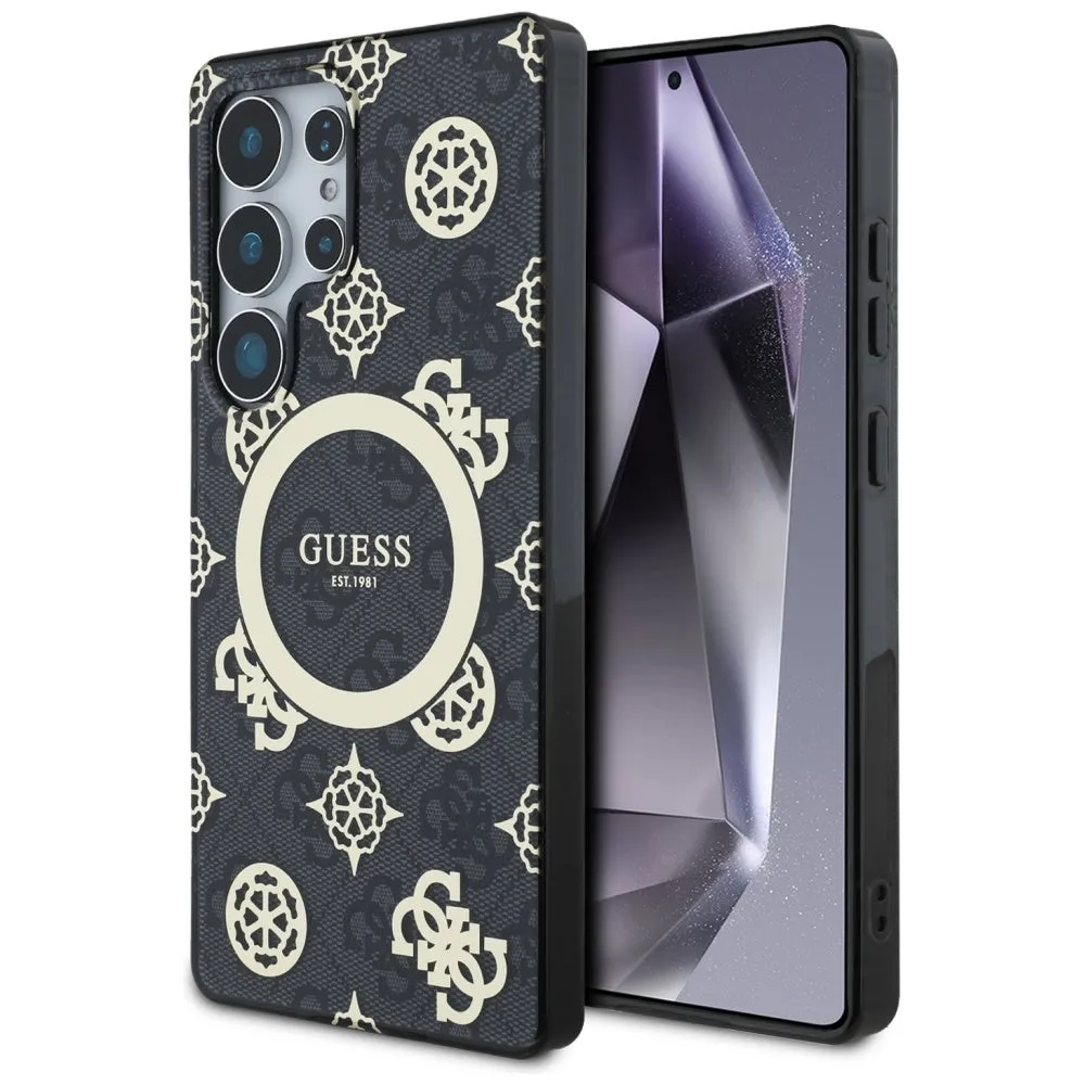 Custodia MagSafe per Samsung Galaxy S25 Ultra S938, Guess, IML Peony su sfondo 4G, Nera - immagine 1