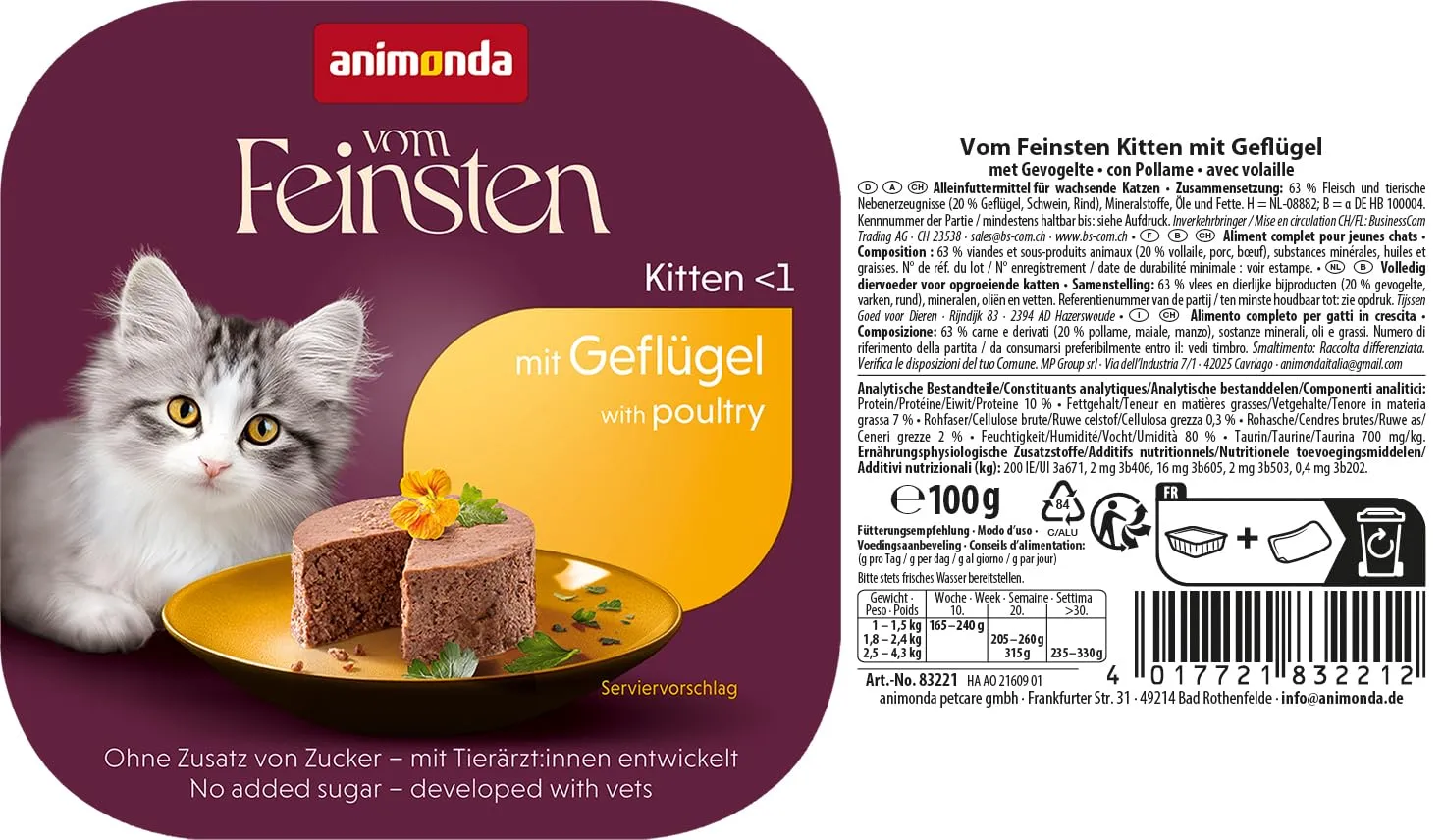 animonda Vom Feinsten Kitten, alimento umido per gattini in crescita nel primo anno di vita, con pollame, 32 x 100 g - immagine 5