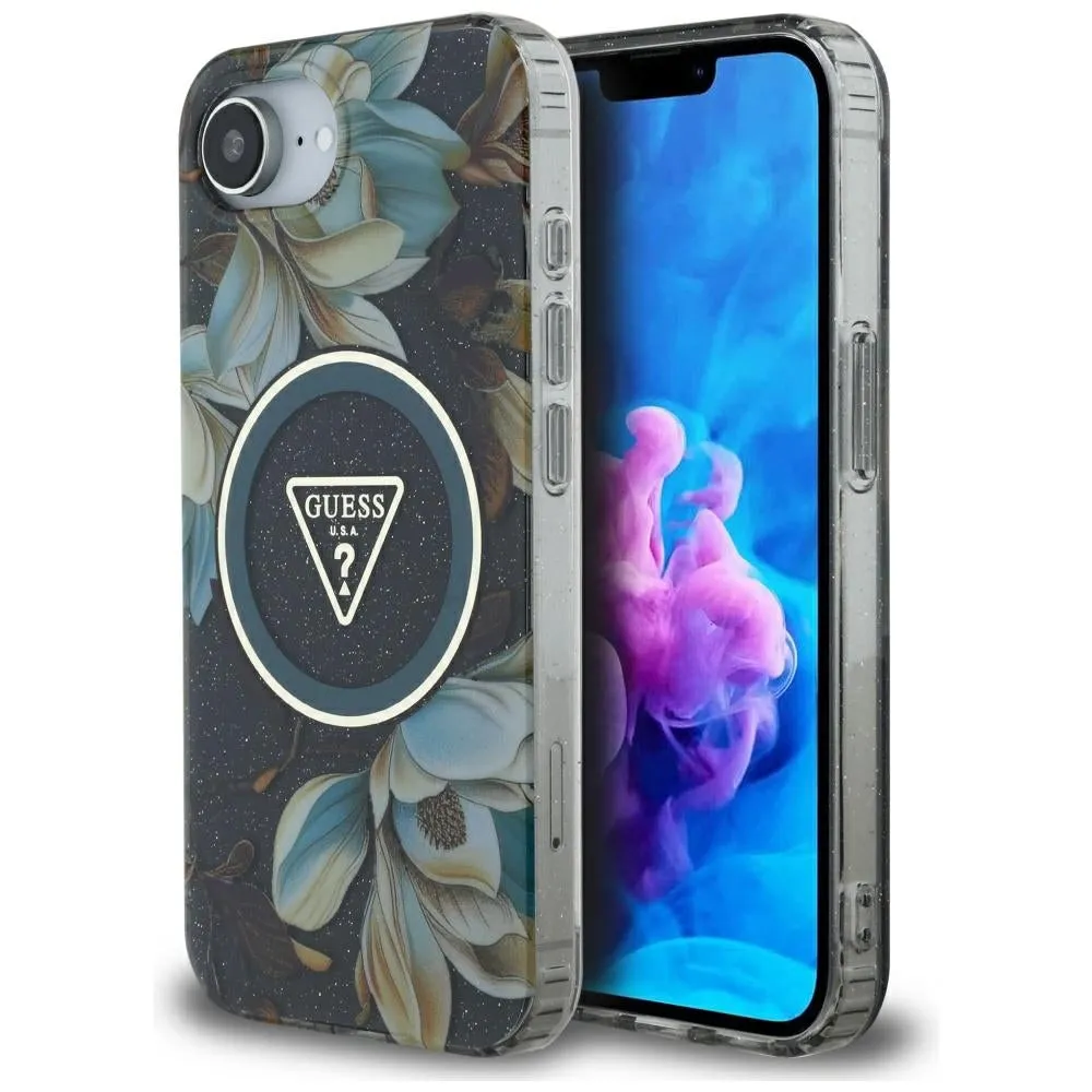 Custodia MagSafe per Apple iPhone 17e / 16e, Guess, IML Metal Glitter Flowers Triangle, Nera - immagine 1