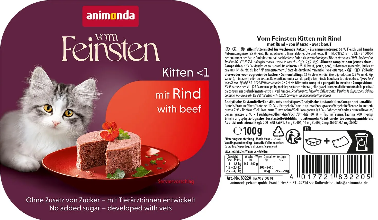animonda Vom Feinsten Kitten, alimento umido per gattini in crescita nel primo anno di vita, con manzo, 32 x 100 g - immagine 4