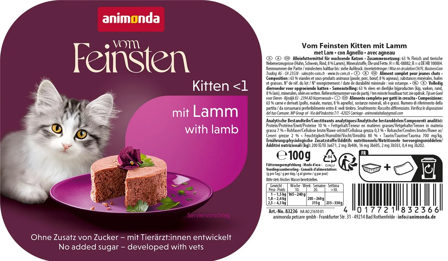 animonda Vom Feinsten Kitten, alimento umido per gattini in crescita nel primo anno di vita, con agnello, 32 x 100 g - immagine 4