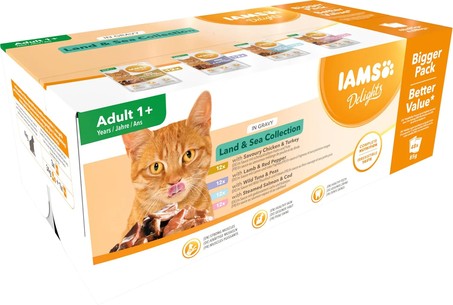 IAMS Delights Land & Sea Collection cibo umido per gatti, multipack con varietà di carne e pesce in salsa, alimento umido per gatti a partire da 1 anno di età, 48 x 85 g - immagine 3