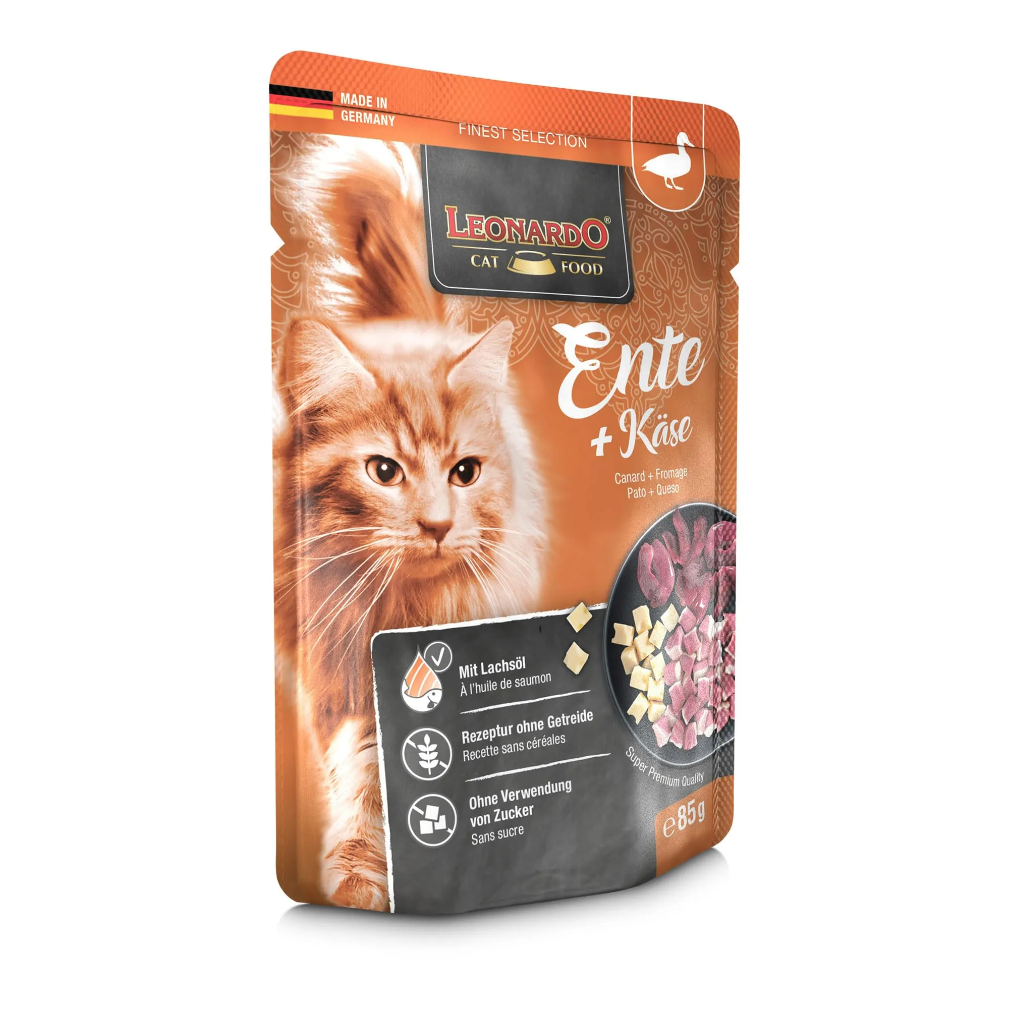 Leonardo Sacchetto salvafreschezza [16x85g Anatra + Formaggio] | Cibo umido senza cereali per gatti | Alimento completo umido in busta monoporzione - immagine 2