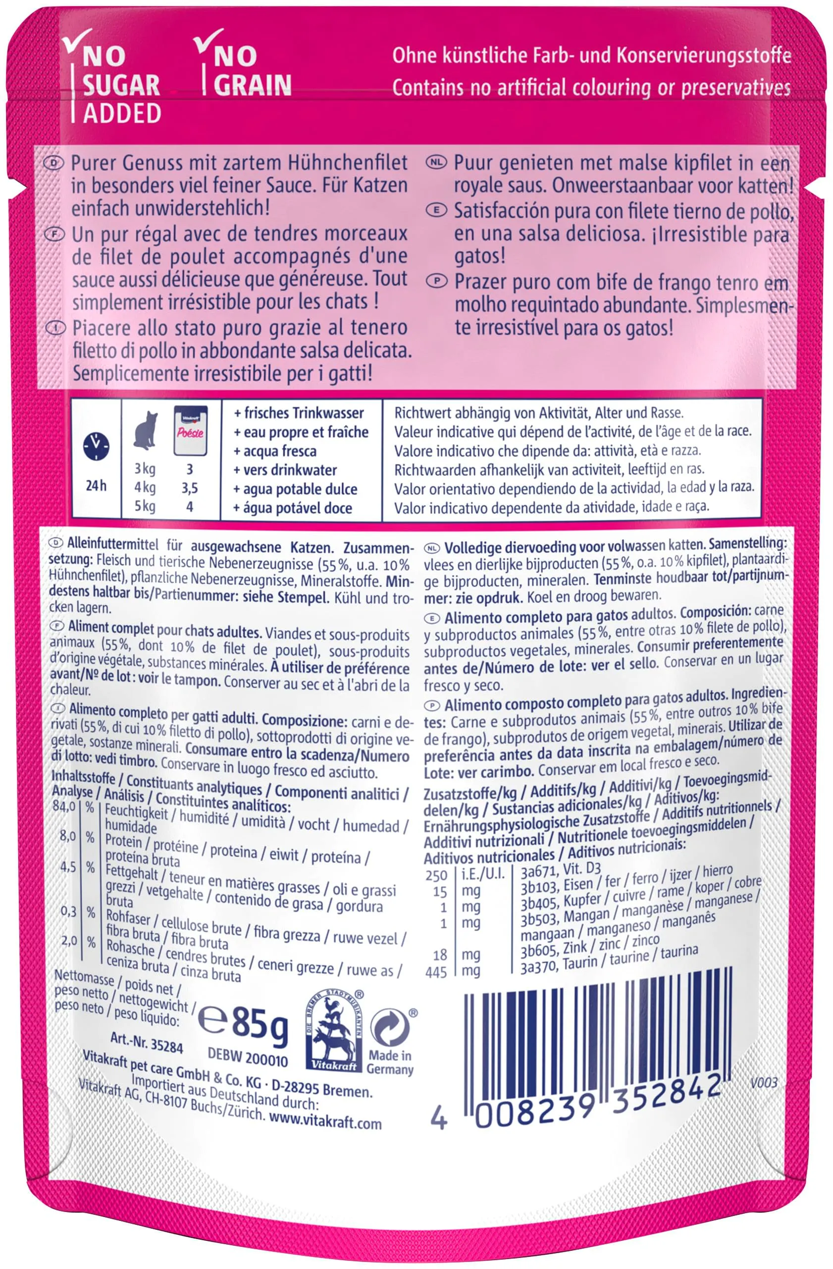 Vitakraft Poésie Délice, alimento umido gatto, alimento umido gatto in salsa, con pollo, confezione scorta, senza l’aggiunta di zuccheri e cereali (23x 85g) - immagine 3