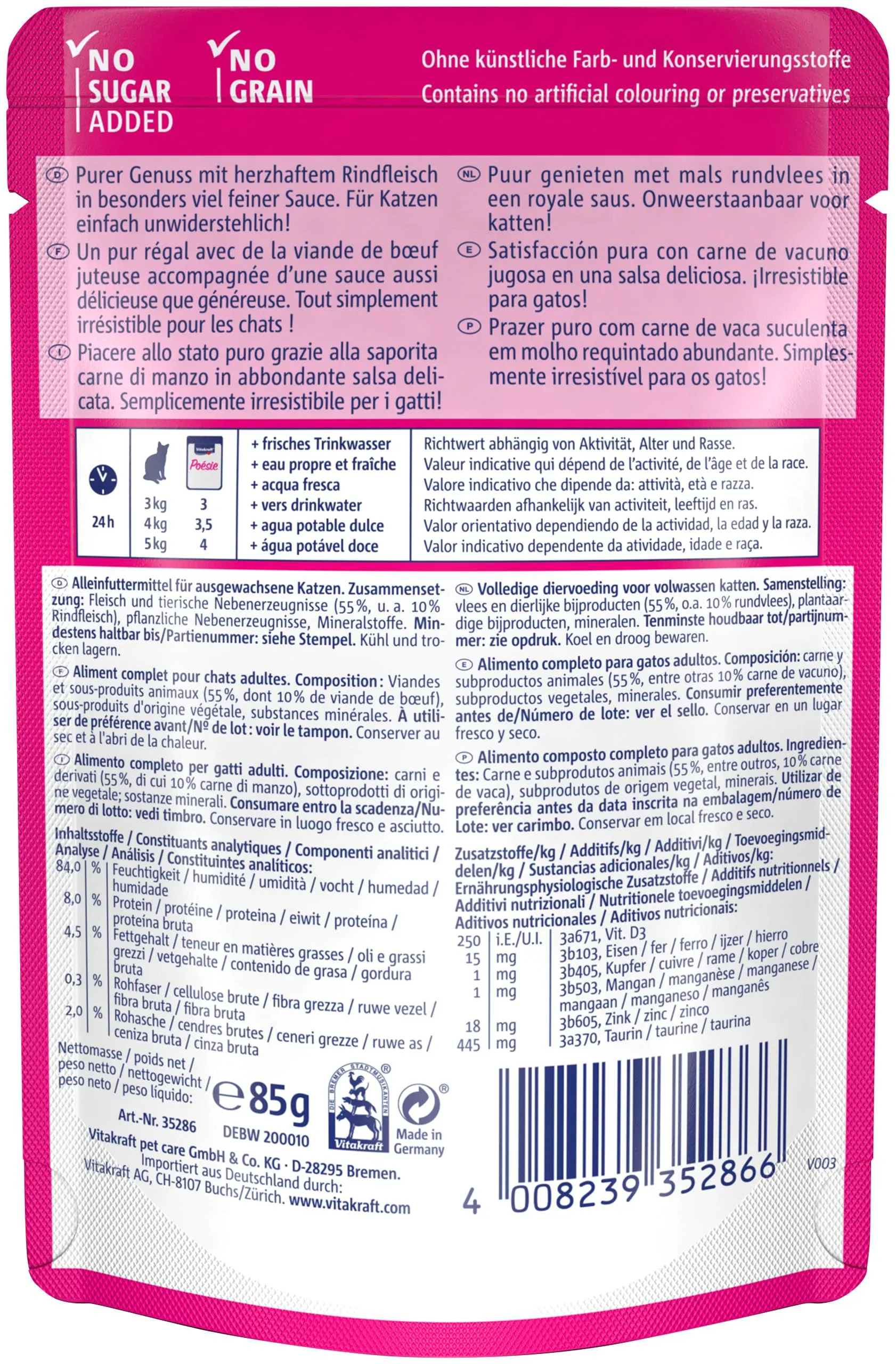 Vitakraft Poésie Délice, alimento umido gatto, alimento umido gatto in salsa, con manzo, confezione scorta, senza l'aggiunta di zuccheri e cereali (23x 85g) - immagine 3