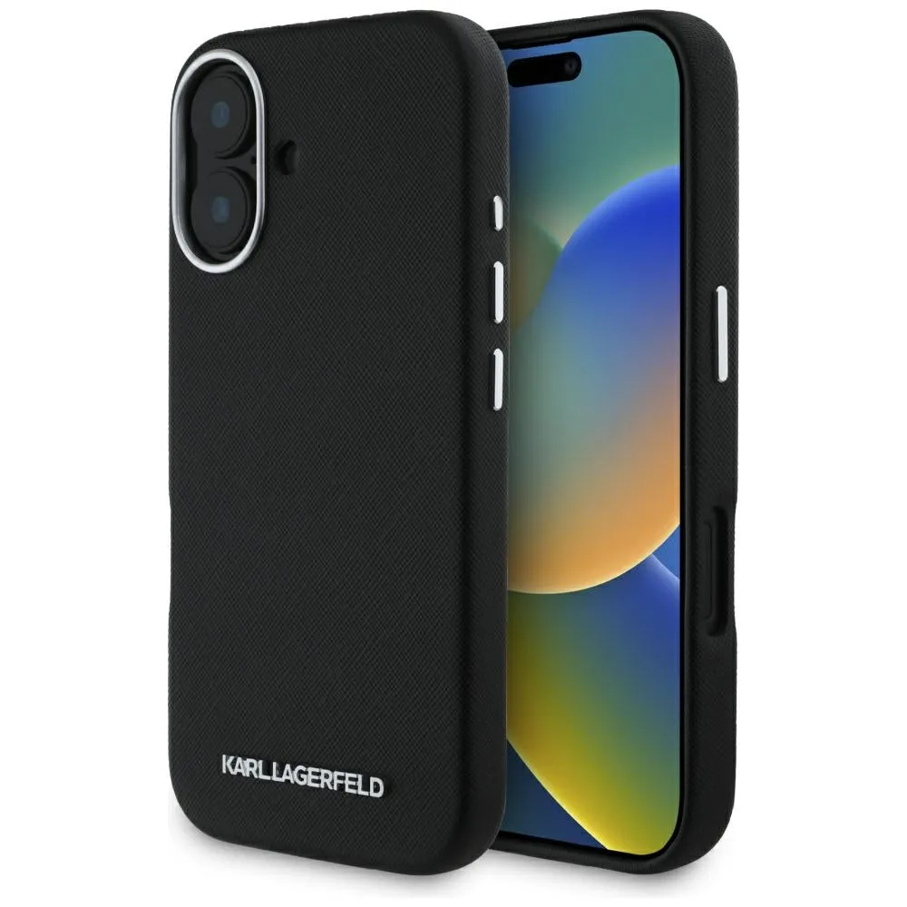 Custodia MagSafe per Apple iPhone 16, Karl Lagerfeld, Saffiano Full Wrapped Elongated Metal Logo, Nera - immagine 1