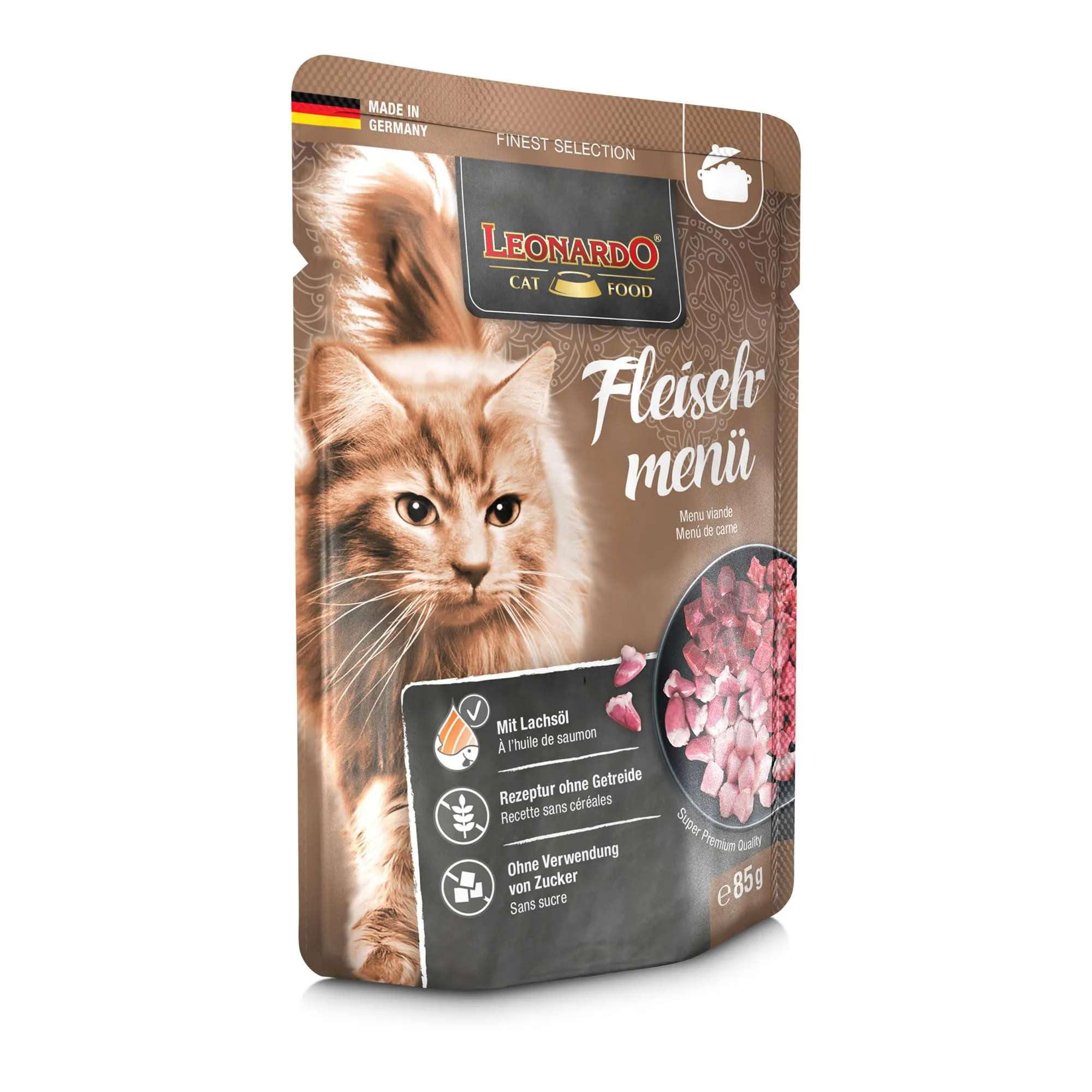 Leonardo Sacchetto salvafreschezza [16x85g Menu di Carne] | Cibo umido senza cereali per gatti | Alimento completo umido in busta monoporzione - immagine 2
