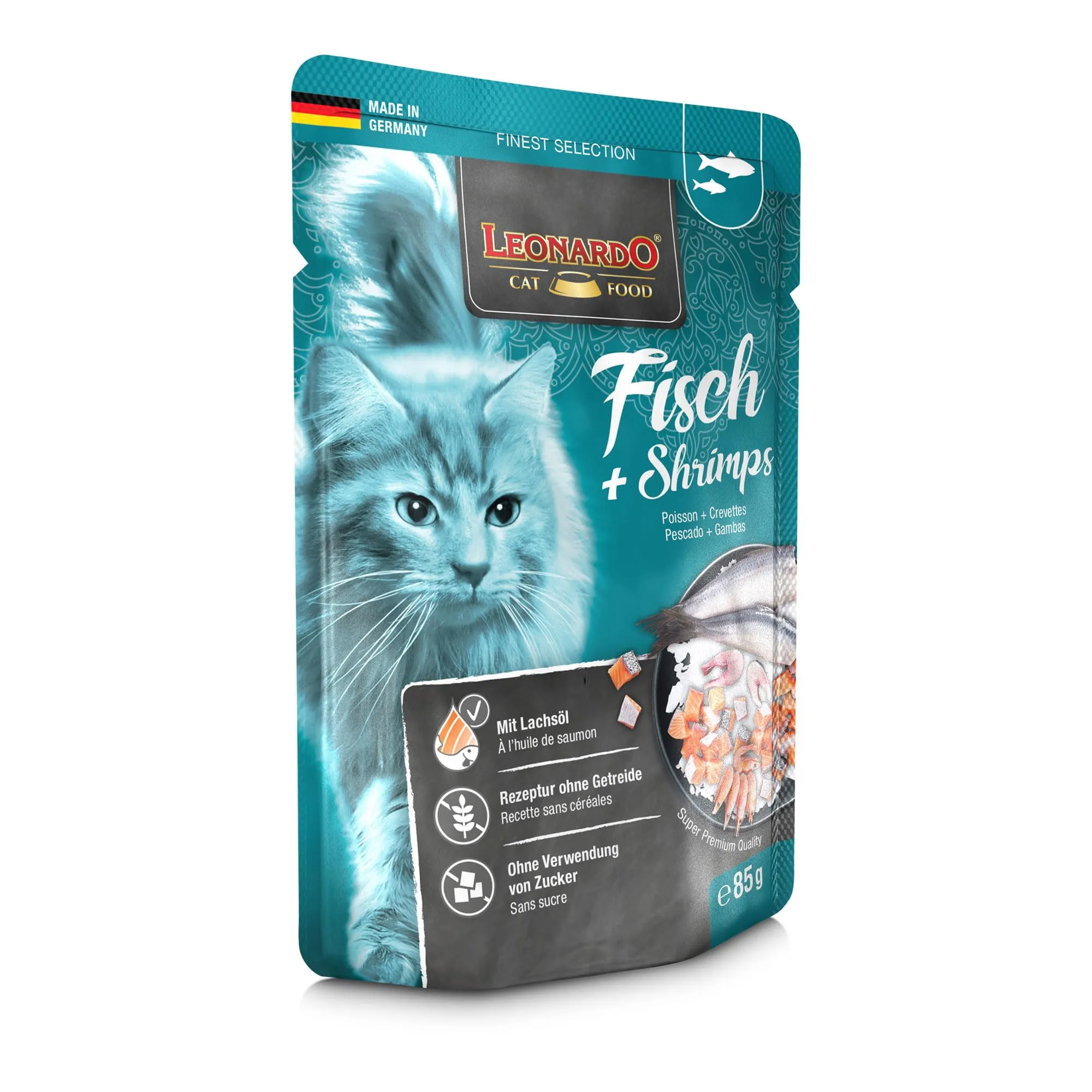 Leonardo Sacchetto salvafreschezza [16x85g Pesce + Gamberetti] | Cibo umido senza cereali per gatti | Alimento completo umido in busta monoporzione - immagine 2