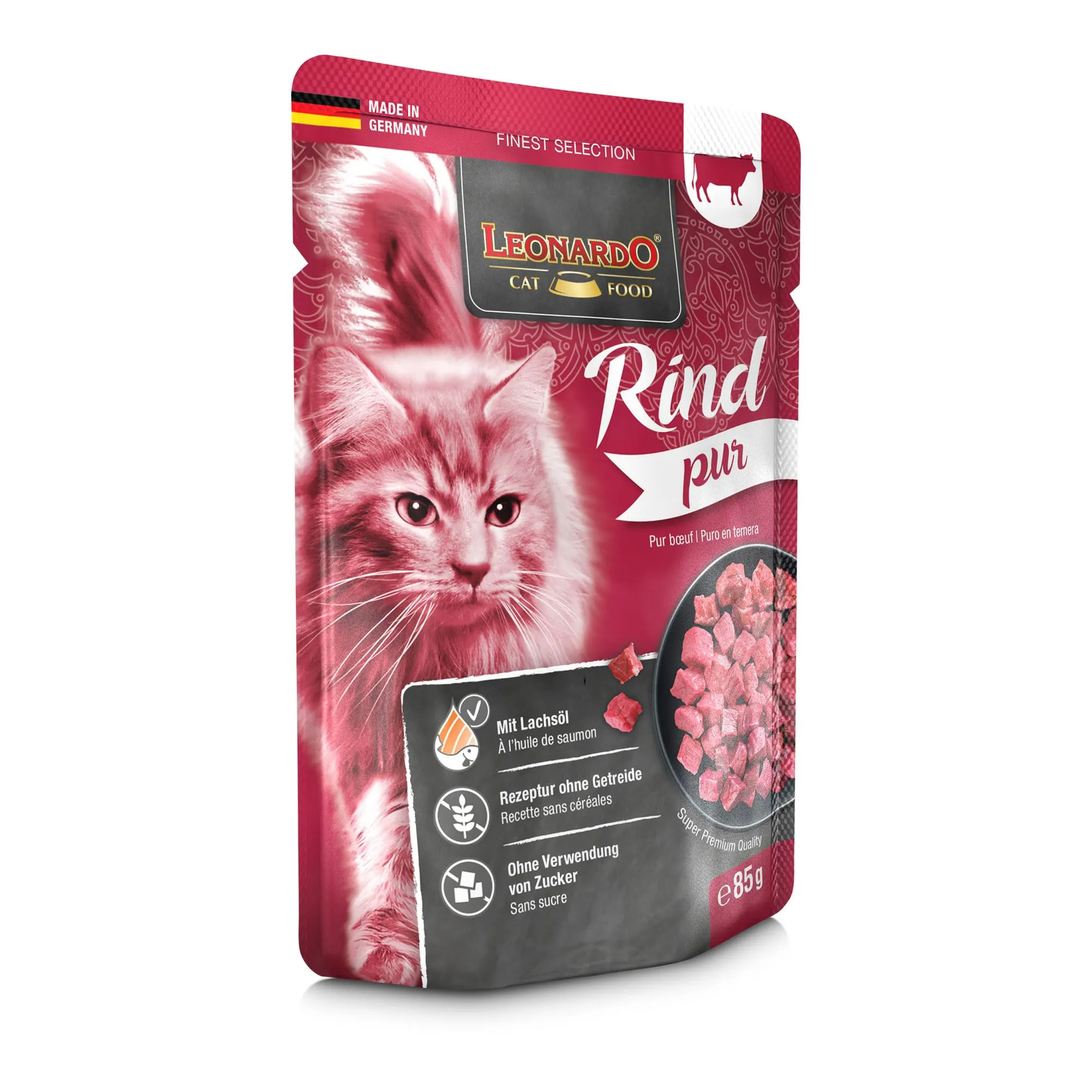 Leonardo Sacchetto salvafreschezza [16x85g Manzo - puro] | Cibo umido senza cereali per gatti | Alimento completo umido in busta monoporzione - immagine 2