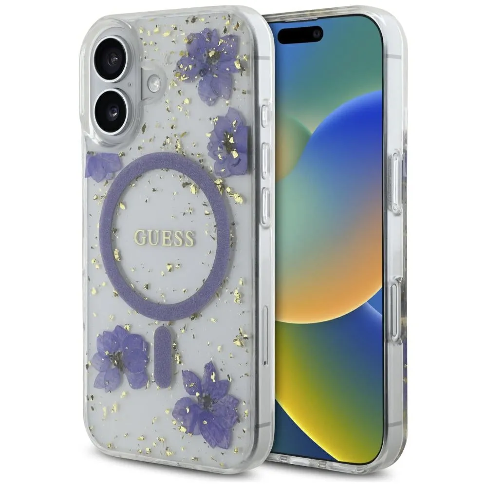 Custodia MagSafe per Apple iPhone 16, Guess, Resin Flowers and Glitter, Viola - immagine 1