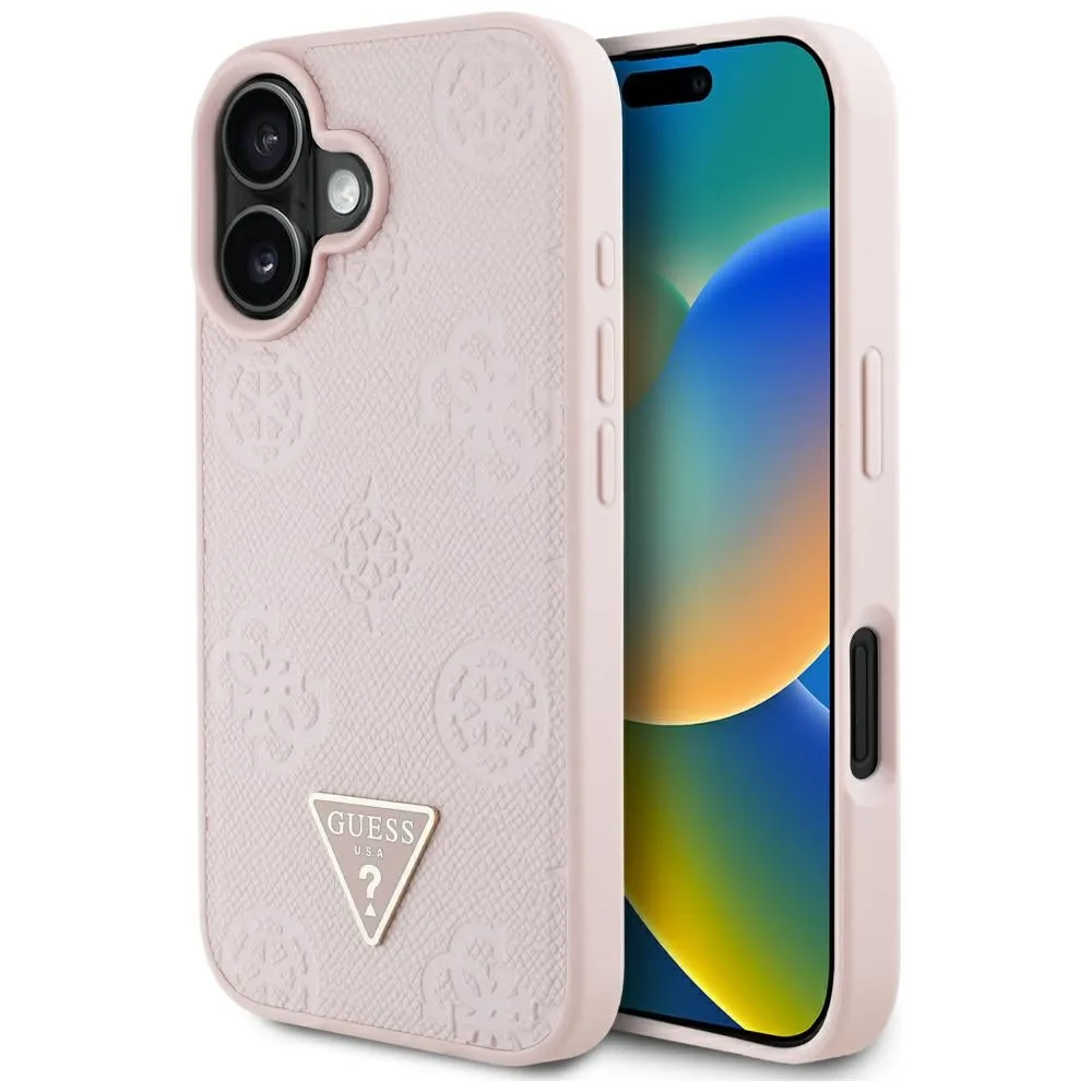 Custodia MagSafe per Apple iPhone 16, Guess, Peony Grained Hot Stamp Triangle, Rosa - immagine 1