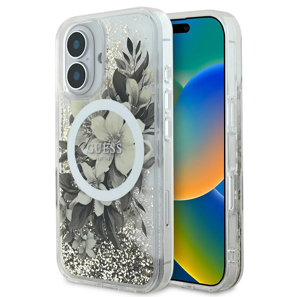 Custodia MagSafe per Apple iPhone 16, Guess, Liquid Glitter Flower, Beige - immagine 1