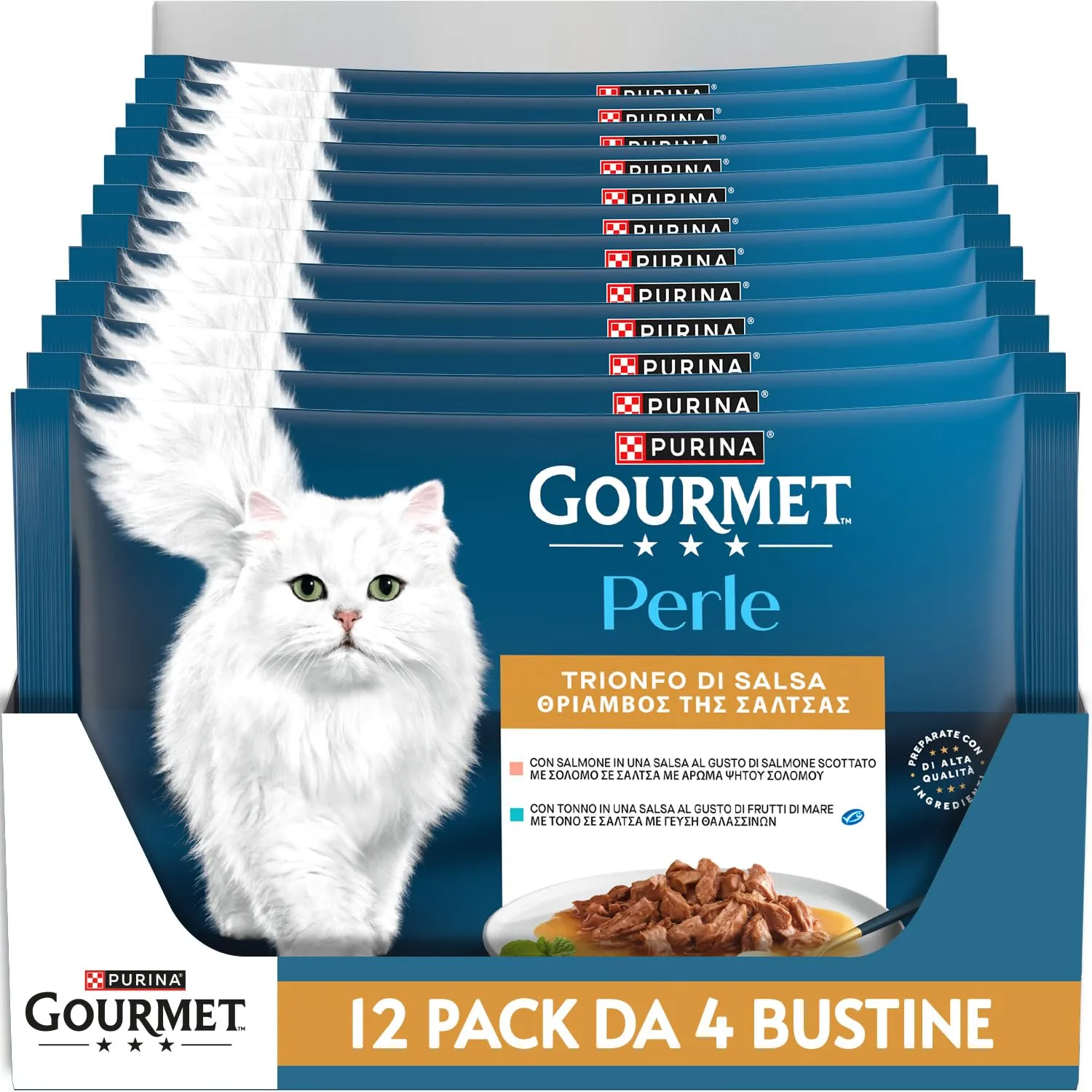 GOURMET Perle Trionfo di Salsa Cibo Umido per Gatti Adulti Filettini con Tonno, Salmone 48 Buste da 85g - immagine 1