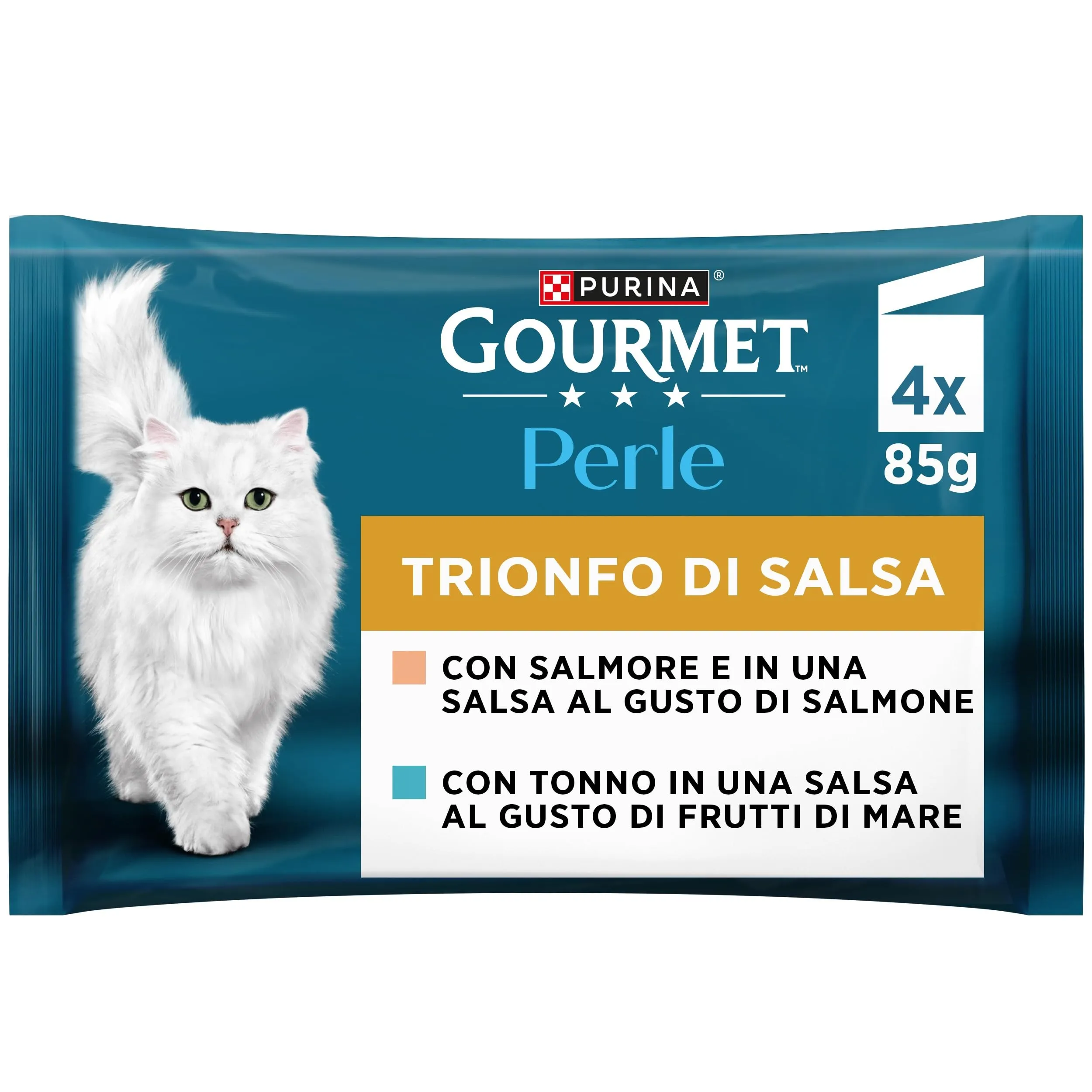 GOURMET Perle Trionfo di Salsa Cibo Umido per Gatti Adulti Filettini con Tonno, Salmone 48 Buste da 85g - immagine 4