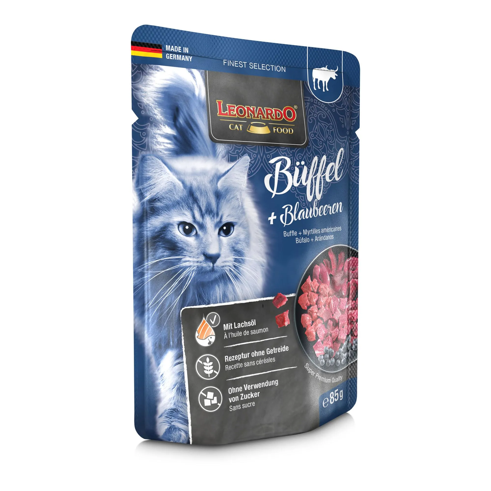 Leonardo Cibo umido in sacchetto salvafreschezza [16x85g Bufalo + Mirtilli] | Cibo umido senza cereali per gatti | Alimento completo in busta monoporzione - immagine 2