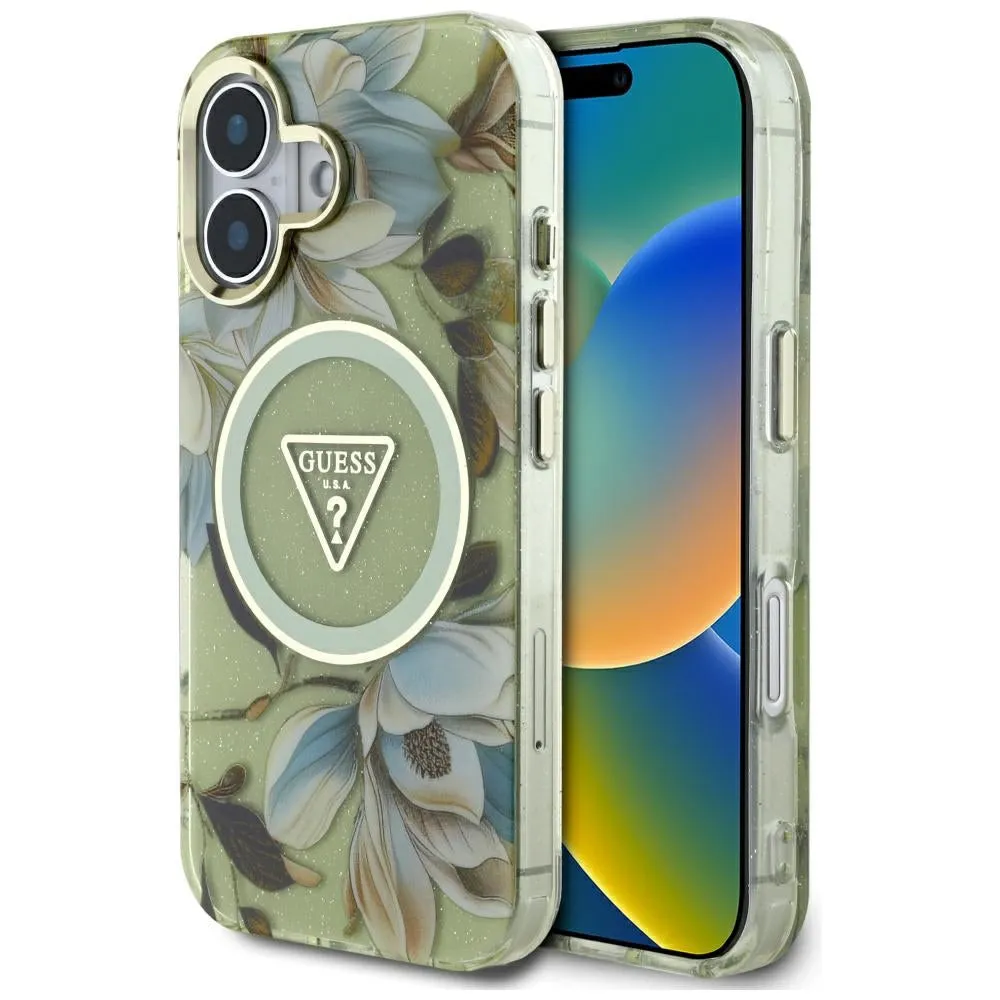 Custodia MagSafe per Apple iPhone 16, Guess, IML Metal Glitter Flowers Triangle, Verde - immagine 1