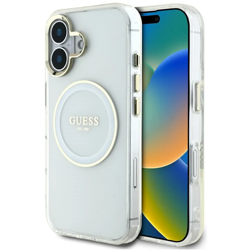 Custodia MagSafe per Apple iPhone 16, Guess, IML Metal Colored Circle, Bianca - immagine 1