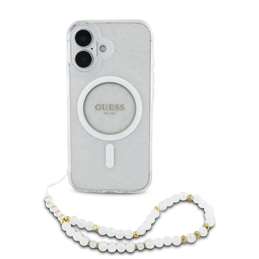 Custodia MagSafe per Apple iPhone 16, Guess, IML Glitter con Cinturino di Perle, Trasparente - immagine 1
