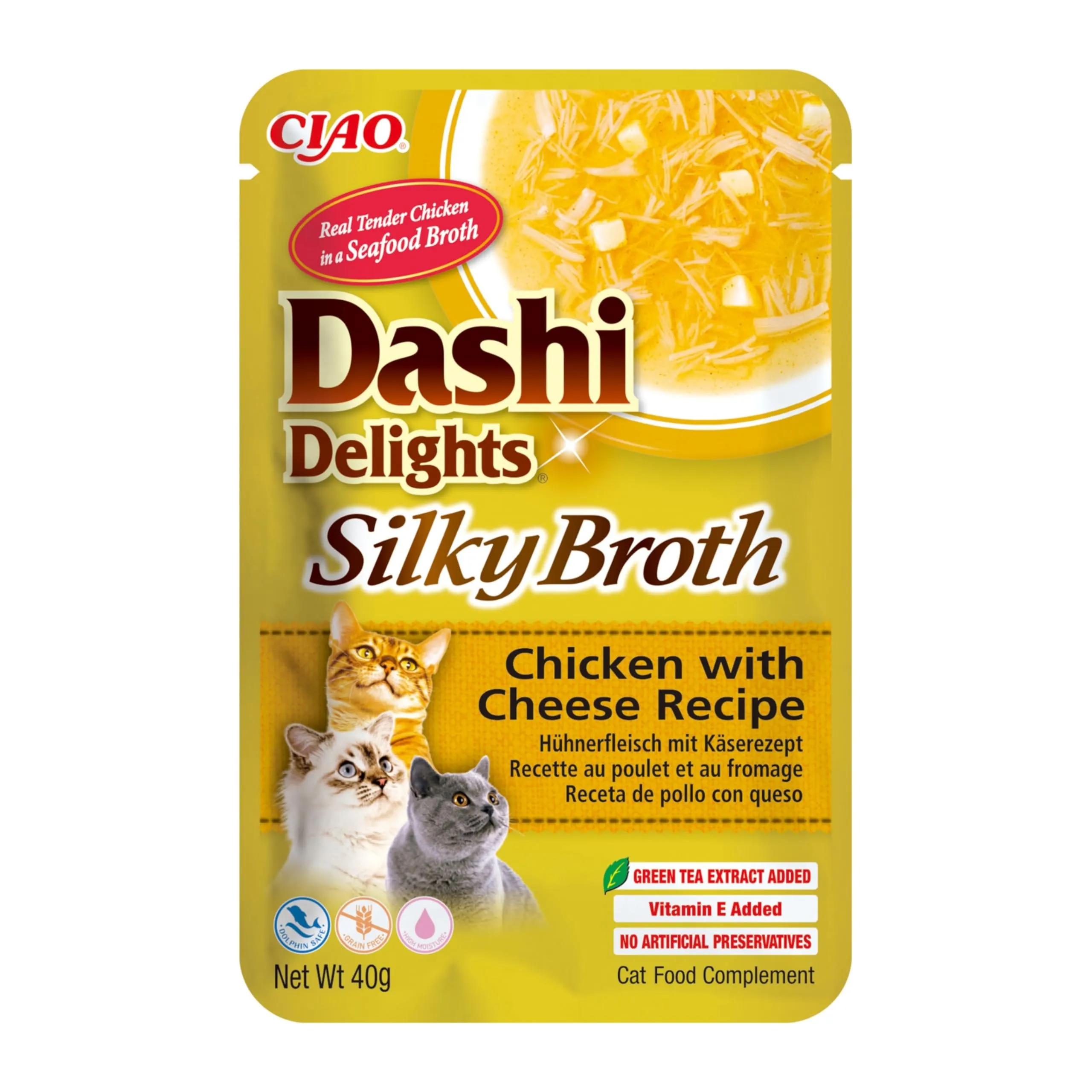 INABA Dashi Delights Silky Broth, Cibo Umido per Gatti con Pollo e Formaggio, Brodo di Pesce, Ricco di Proteine, Ingredienti Naturali, Pasto Complementare, 1 Confezione da 40 g - immagine 1