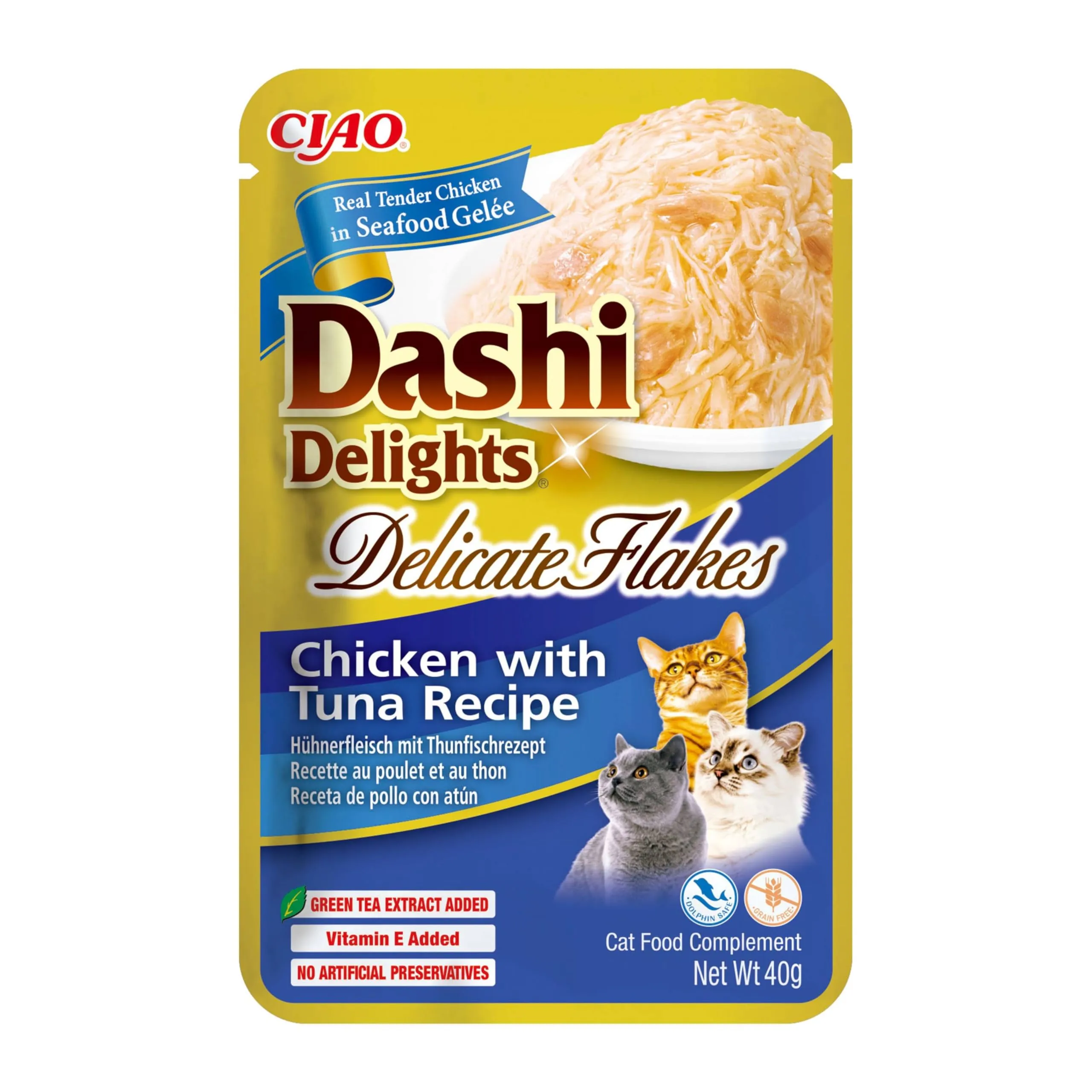 INABA Dashi Delights Delicate Flakes, Cibo Umido per Gatti con Pollo e Tonno, Fiocchi in Brodo di Pesce, Ricco di Proteine, Ingredienti Naturali, Pasto Complementare, 1 Confezione da 40 g - immagine 1